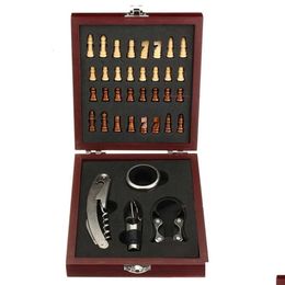 Tin Visit Pourer Openers Home Foil Cutter with Chess Corkscrew Vintage Gift Box Cork Game Wine Opener Tool Set Wooden Board Accessor Dhyhw