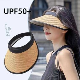 Wide Brim Hats Bucket Hats Sweet Sun Protection Str Hat Practical Large Eaves Visors Beach Hat UV Protection Empty Top Hat Ponytail Hat J240425