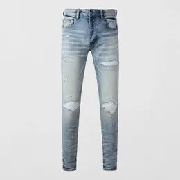 Men's Jeans Street Fashion Men Retro Light Blue Stretch Skinny Fit Ripped White Leather Patched Designer Hip Hop Brand Pants