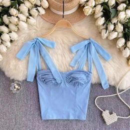 Women's Tanks Spaghetti Strap Tank Tops For Women Square Collar Lace Up Sleeveless Bare Midriff Skinny Camis Summer Casual Gallus Dropship