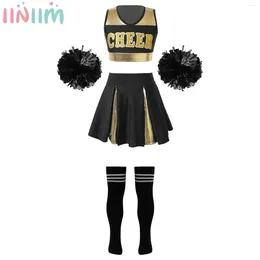 Clothing Sets 6-16Y Girls Cheerleading Dance Outfit Sleeveless Crop Top With Skirt Flower Balls Tube Socks For Sports Meet Match Performance