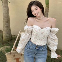 Women's Blouses Puff Sleeve Floral Crop Top Off The Shoulder Blouse Shirts Flowy Tops Slim Fit Long Casual T