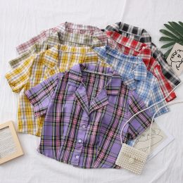 Shirt OUMEA Women Plaid Crop Shirts Shorts Sleeve Buttons Front Cheque Boxy Shirt Crop Top Revere Collar Cheque Vintage Cropped Shirts