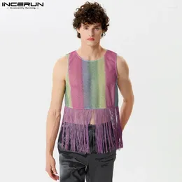 Men's Tank Tops 2024 Men Tassel Patchwork Gradient O-neck Sleeveless Casual Male Vests Summer Streetwear Fashion Clothing INCERUN