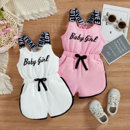 One-Pieces Toddler Kids Baby Girls Summer Romper, Sleeveless Crew Neck Letter Print Short Jumpsuit Elastic Waist Clothes 9M4T