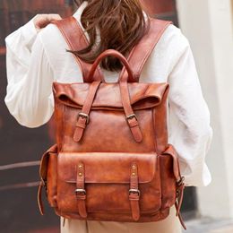 School Bags Leather Women's Backpack Travel Bag Cowhide Female Fashion Laptop Schoolbag Retro Outdoor Backpacks Vintage Large