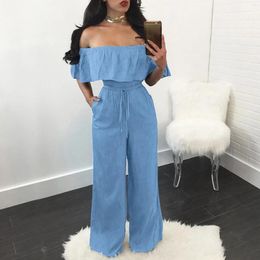 Women's Jeans Women Strapless Ruffles Easy Denim Jumpsuit Wide Leg Pants Trousers