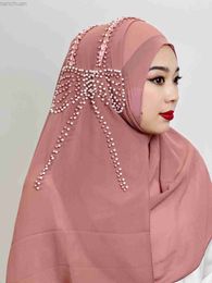 Hijabs Muslim Big Bow Hijab Beaded Hijab Send Decorative Arab Hijab Women Hijab Shiny Soft Easy to Wear Hijab Turkey Head Wrap Scarf d240425