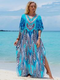 Bohemian Seaside Plus Size Print Kaftan Maxi Dress V Neck Slit Loose Robe Women 2024 Summer Beachwear Swimsuit Coverups Q1415 240417