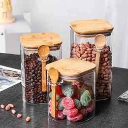 Food Savers Storage Containers One 1000/1200/1500ml square sealed glass storage container with wooden spoon coffee beans tea grains and seasoning food H240425