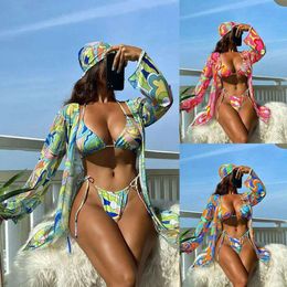 New Sexy Bikini Swimsuit Long Sleeved Swimsuit Printed Mesh Three Piece Set for Women's Cardigan