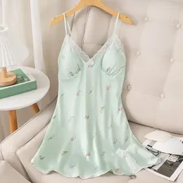 Women's Sleepwear Women Lace Strap Nightgown Print Flower Chemise Nightwear Sexy Backless Nightdress Summer Satin Morning Gown Homewear