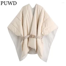 Women's Down PUWD Oversized Women Cloak Style Thick Cotton Jacket 2024 Autumn Winter Warm Snap Sashes With Parka Loose Female Chic Outwear