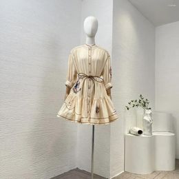 Casual Dresses Collection Self Tie Wave Belt Top Quality Cotton Beige Three Quarters Sleeve Buttons Frill Folds Women Mini Dress