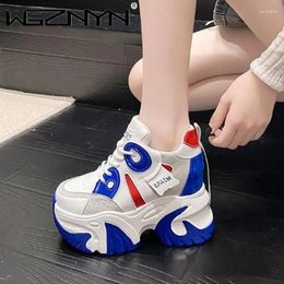 Casual Shoes Women Walking Sneakers 2024 Autumn Lace-up High Platform Chunky Breathable Leather 10.5CM Wedge Heels