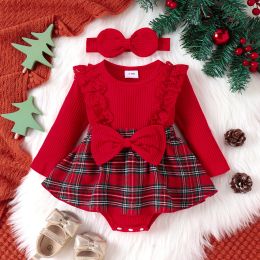 One-Pieces ma&baby 012M Christmas Newborn Infant Baby Girls Romper Red Plaid Knit Long Sleeve Bow Jumpsuit Headband Xmas Costumes Outfits