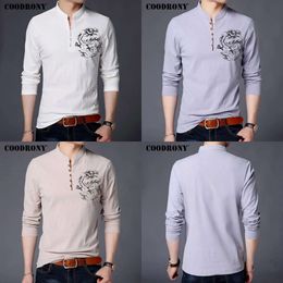 Chinese COODRONY Style Mandarin Collar T-shirt Long Sleeve Cotton T Men Clothes Linen Tee Shirt Homme Tshirt T006 201202 ee shirt 006