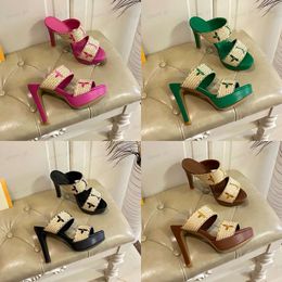 Embroider Straw Fashion Mules Slippers Heeled Platform Sandals Inlaid Diamond Open-toe Block Heels Chunky Women's Designers Evening Party Shoes Original Quality