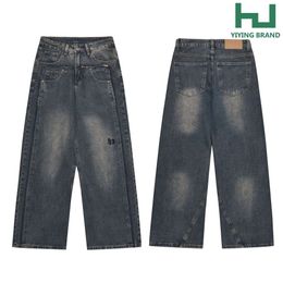 Washed Worn-out Fake Two Pairs of Pants with A Sense of Design. Small Embroidered Denim Straight Leg Pants for Men and Women, Loose and Wide Legs, Versatile and Long