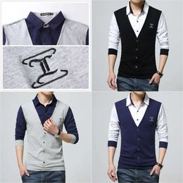 Fake Men's Two Design Collar Cotton T-shirt Long Sleeve T Shirt Men Tee Tops Clothes 201203 ee ops