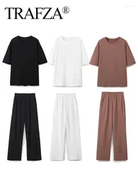 Women's Two Piece Pants TRAFZA 2024 Summer Woman Trouser Sets Solid O Neck Short Sleeves T-Shirt Top Elastic Waist Pockets Female Loose Long