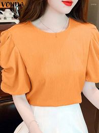 Women's Blouses VONDA 2024 Fashion Summer Women Blouse Baggy Shirts Elegant O Neck Solid Colour Short Puff Sleeve Tunic Tops Casual Loose