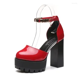 Dress Shoes Ladies Cosplay Summer Thick Waterproof Platform 12cm High Heel Word Buckle Sandals Patent Leather Red Wedding