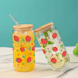 Tumblers 1 Piece 16oz Glass Straw With Bamboo Lid Green Leaf Strawberry Pattern Juice Ice Cream Bottle Suitable For Summer Gifts H240425