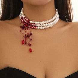 Necklaces DIEZI Goth Multilayer Red Blood Imitation Pearl Choker Statement Necklace For Women Vintage Crystal Bead Halloween Jewellery