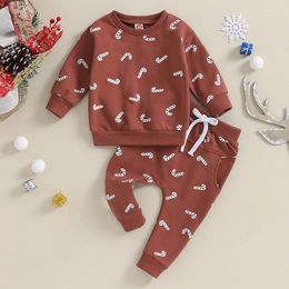 Clothing Sets Christmas Baby Girl Boy Outfit Candy Cane Xmas Tree Print Sweatshirt Top Elastic Waist Pants Set Toddler Sweatsuit
