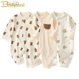 Rompers Muslin Newborn Jumpsuit Cartoon Bear Long Sleeves Baby Rompers for Boys Girls Autumn Clothes Infant Outfit Toddler Onesie 0-18M d240425