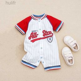 Rompers 3-18M Newborn Infant Colour Block sports Romper Short Sleeve Stripe Letter Embroidery rompers Onesie For Baby Boy Toddler Clothes d240425