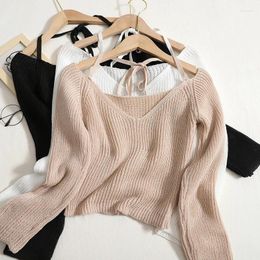 Women's T Shirts Hikigawa Chic Fashion Sexy V Neck Camisole Knitted T-Shirts Spring Women Vintage Solid Long Sleeve Slim Pullovers Tops