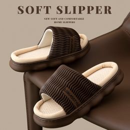 Linen Slippers for Women Summer Indoor Thick Sole Anti slip and Silent Shit Stepping Feeling Summer Couple Slippers