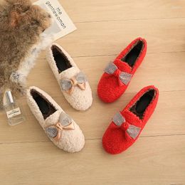 Casual Shoes Luxury Crystal Bow-knot Lambswool Moccasins Woman Fleeces Flats Warm Plush Loafers Winter Fur Women 2024 Plus Size 34-43