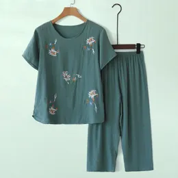 Women's Two Piece Pants Women Pyjama Set Elegant Mid-aged Flower Print With Wide Leg Comfortable Sleepwear For Mother