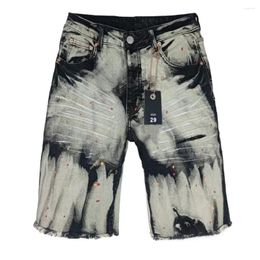 Men's Jeans Tide Brand Anti-Aging Tie-Dye Spray Paint Slim Fit Casual Black Denim Shorts Summer Knee Length