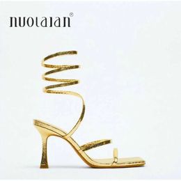 Dress Shoes Women Sandals Sexy Cross Ankle Stiletto Heels Female Slides Narrow Band Party Ladies Square Toe High Summer 2023 H240425