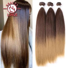 Weave Weave Bone Straight Hair Ombre Blonde Hair Bundles Super Long Hair Synthetic 22 24 26Inch Straight Hair Full to End Lihui