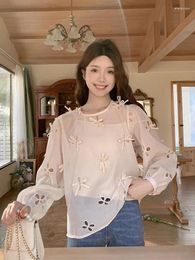 Women's Blouses Clothland Women Elegant Bow Tie Blouse Suit Hollow Out Shirt With Camis Two Piece Set White Cute Sweet Tops Blusa LB118