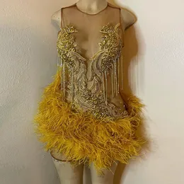 Real Photo Gold Birthday Outfits Feathers 2K24 See Through Vestidos De Graduacion Short Cocktail Dress for Prom