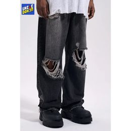 Knee ripped jeans distressed wide leg denim casual streetwear men baggy loose fit y2k for black 240417