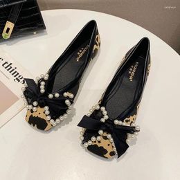 Casual Shoes Pearl Decoration Leopard Flat Woman Square Toe Bowtie Ballet Flats Mixed Color Printing Slip On Loafers Moccasins