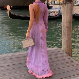 Casual Dresses 90s Vintage Crochet Deep V Open Back Mermaid Dress Elegant Lady One Sleeve Asymetric Long Chic Women Ball Gown Vestidos