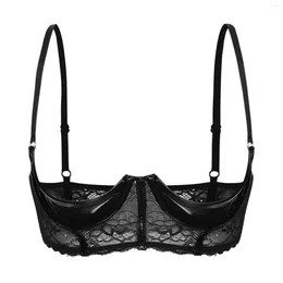 Bras Womens Patent Leather Bra Tops See Through Sheer Lace Patchwork 1/3 Cups Push Up Underwire Bralette Underwear Lingerie