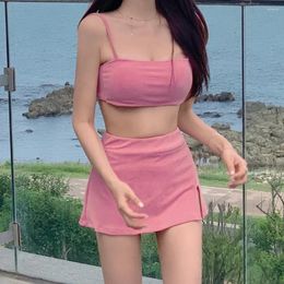 Women's Swimwear 2024 Korean Fashion Split Bikini Candy Three Piece Set With Small Chest Gathering Beach Spring