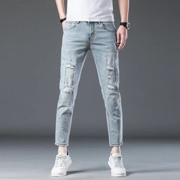 Ripped Jeans For Men Skinny Fit Hip Hop Distressed Ankle Pants Light Blue Stretch Painting Patchwork Mens Clothing Famous Brand 240417