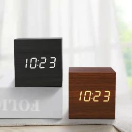 Clocks Qualified Digital Wooden LED Alarm Clock Wood Retro Glow Clock Desktop Table Decor Voice Control Snooze Function Desk Tools