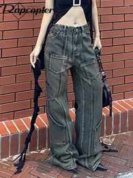 Women's Jeans Rapcopter Grunge Pockets Cargo Low Waisted Tie Dye Vintage Trousers Women Streetwear Korean Aesthetic Punk Hippie