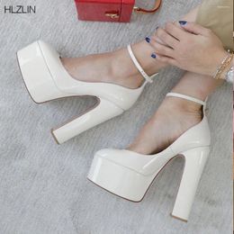 Sandals Ankle Strap Coat Point Toe Super High Heel Platform White Shoes Fashion Ladies Patent Leather Party